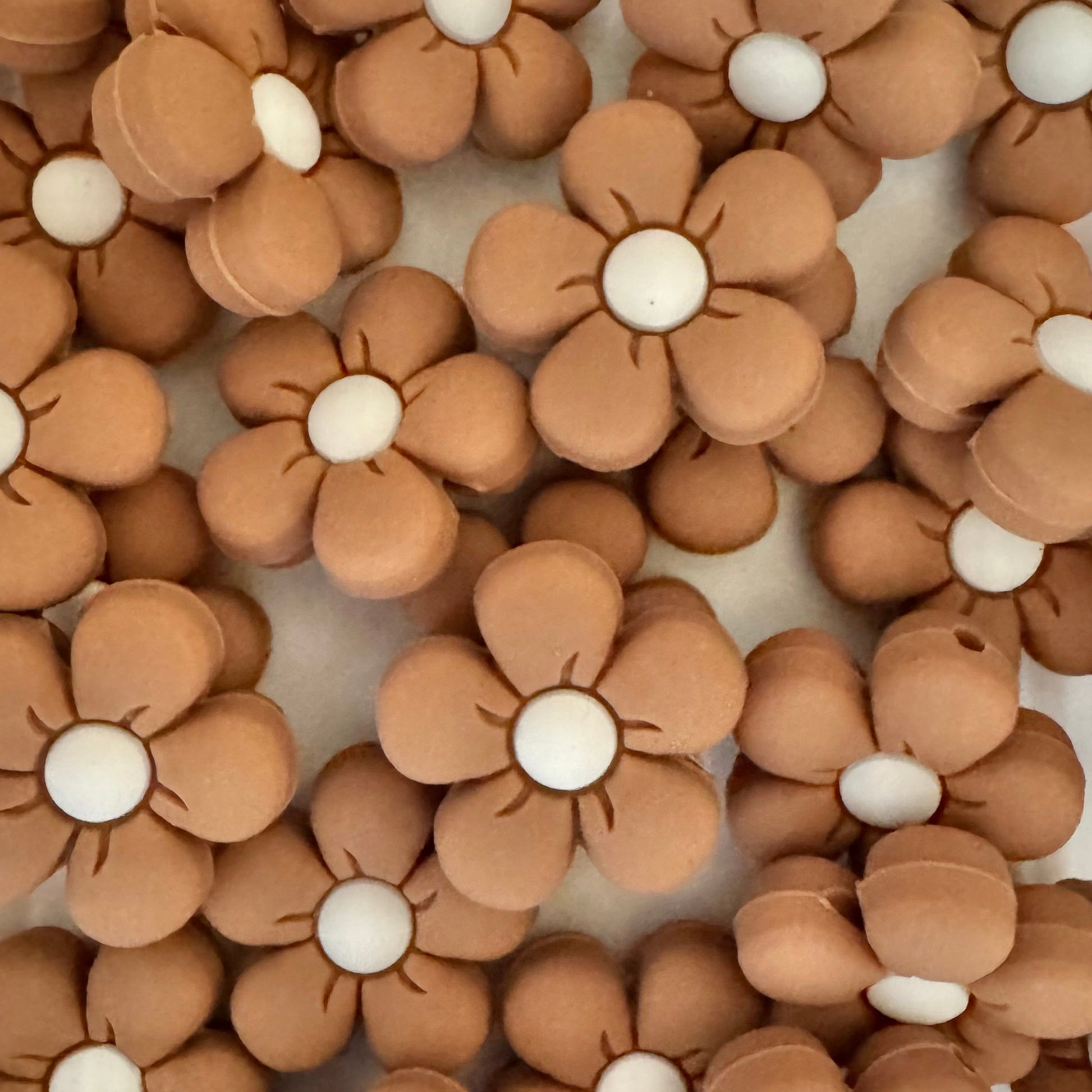 Brown clay flowers with white centers arranged on a white background